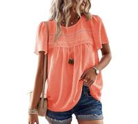 TUUHAW Blusa con Cuello Redondo Boho Verano Camiseta Mujer Suelto Casual Elegante Túnica Encaje Manga Corta Tops Color Sólido Holgadas Ropa Naranja Brillante XXL
