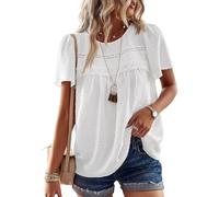 TUUHAW Blusa con Cuello Redondo Boho Verano Camiseta Mujer Suelto Casual Elegante Túnica Encaje Manga Corta Tops Color Sólido Holgadas Ropa Blanco M