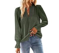 TUUHAW Blusa Mujer Manga Larga Boho Oversize Top con Mangas de Volantes Camisa Elegante con Cuello en V Casual Elegante Otoño Bordado Encaje Túnica Camiseta con Punto Suizo Verde Militar 4XL