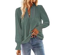 TUUHAW Blusa Mujer Manga Larga Boho Oversize Top con Mangas de Volantes Camisa Elegante con Cuello en V Casual Elegante Otoño Bordado Encaje Túnica Camiseta con Punto Suizo Verde Salvia 4XL