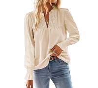 TUUHAW Blusa Mujer Manga Larga Boho Top con Mangas de Volantes Camisa Elegante con Cuello en V Casual Elegante Otoño Bordado Encaje Túnica Color Sólido Camiseta Albaricoque XL