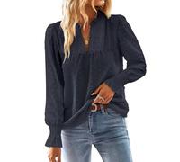 TUUHAW Blusa Mujer Manga Larga Boho Top con Mangas de Volantes Camisa Elegante con Cuello en V Casual Elegante Otoño Bordado Encaje Túnica Color Sólido Camiseta Azul Marino XL