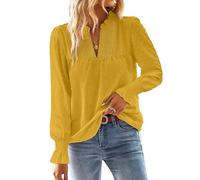 TUUHAW Blusa Mujer Manga Larga Boho Top con Mangas de Volantes Camisa Elegante con Cuello en V Casual Elegante Otoño Bordado Encaje Túnica Color Sólido Camiseta Amarillo XL