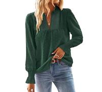 TUUHAW Blusa Mujer Manga Larga Boho Top con Mangas de Volantes Camisa Elegante con Cuello en V Casual Elegante Otoño Bordado Encaje Túnica Color Sólido Camiseta Verde Oscuro XL
