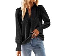 TUUHAW Blusa Mujer Manga Larga Boho Top con Mangas de Volantes Camisa Elegante con Cuello en V Casual Elegante Otoño Bordado Encaje Túnica Color Sólido Camiseta Negro XL