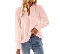 TUUHAW Blusa Mujer Manga Larga Boho Top con Mangas de Volantes Camisa Elegante con Cuello en V Casual Elegante Otoño Bordado Encaje Túnica Color Sólido Camiseta Rosa Claro XL