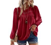 TUUHAW Blusa Mujer Manga Larga Boho Top Elegante con Cuello Redondo Otoño Casual Túnica Punto Suizo Color Sólido Estilo Retro Bordado Encaje Camiseta Básica Informal Suelto Ropa Rojo S