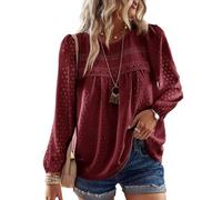 TUUHAW Blusa Mujer Manga Larga Boho Top Elegante con Cuello Redondo Otoño Casual Túnica Punto Suizo Color Sólido Estilo Retro Bordado Encaje Camiseta Básica Informal Suelto Ropa Vino Rojo XL