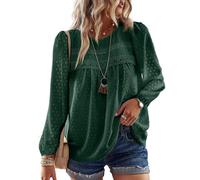 TUUHAW Blusa Mujer Manga Larga Boho Top Elegante con Cuello Redondo Otoño Casual Túnica Punto Suizo Color Sólido Estilo Retro Bordado Encaje Camiseta Básica Informal Suelto Ropa Verde Oscuro S