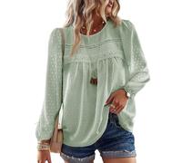 TUUHAW Blusa Mujer Manga Larga Boho Top Elegante con Cuello Redondo Otoño Casual Túnica Punto Suizo Color Sólido Estilo Retro Bordado Encaje Camiseta Básica Informal Suelto Ropa Verde Claro XL