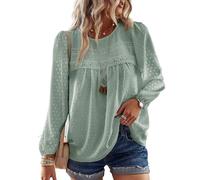 TUUHAW Blusa Mujer Manga Larga Boho Top Elegante con Cuello Redondo Otoño Casual Túnica Punto Suizo Color Sólido Estilo Retro Bordado Encaje Camiseta Básica Informal Suelto Ropa Verde Salvia XL