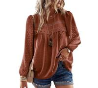 TUUHAW Blusa Mujer Manga Larga Boho Top Elegante con Cuello Redondo Otoño Casual Túnica Punto Suizo Color Sólido Estilo Retro Bordado Encaje Camiseta Básica Informal Suelto Ropa Naranja XL
