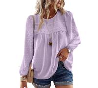 TUUHAW Blusa Mujer Manga Larga Boho Top Elegante con Cuello Redondo Otoño Casual Túnica Punto Suizo Color Sólido Estilo Retro Bordado Encaje Camiseta Básica Informal Suelto Ropa Morado XL