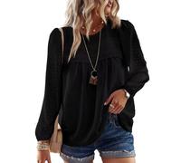 TUUHAW Blusa Mujer Manga Larga Boho Top Elegante con Cuello Redondo Otoño Casual Túnica Punto Suizo Color Sólido Estilo Retro Bordado Encaje Camiseta Básica Informal Suelto Ropa Negro S