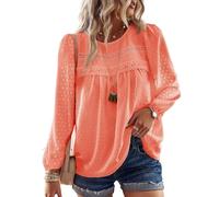 TUUHAW Blusa Mujer Manga Larga Boho Top Elegante con Cuello Redondo Otoño Casual Túnica Punto Suizo Color Sólido Estilo Retro Bordado Encaje Camiseta Básica Informal Suelto Ropa Naranja Brillante XL
