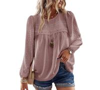 TUUHAW Blusa Mujer Manga Larga Boho Top Elegante con Cuello Redondo Otoño Casual Túnica Punto Suizo Color Sólido Estilo Retro Bordado Encaje Camiseta Básica Informal Suelto Ropa Rosa S