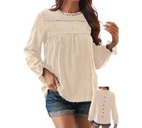 TUUHAW Blusas Mujer Otoño Camiseta Manga Larga Mujer Pétalos con Cuello Redondo Blusa Boho Top Suelto Casual Elegante Túnica Encaje Tops Color Sólido Holgadas Ligera Patrón de Moda Ropa Albaricoque S