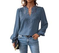 TUUHAW Blusas Mujer Otoño Camiseta Manga Larga Mujer Pétalos Cuello en V Blusa Boho Top Suelto Casual Elegante Túnica Encaje Tops Color Sólido Holgadas Ligera Patrón de Moda Invierno Ropa Azul XL