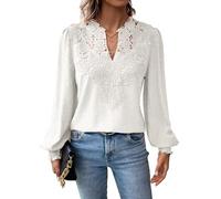 TUUHAW Blusas Mujer Otoño Camiseta Manga Larga Mujer Pétalos Cuello en V Blusa Boho Top Suelto Casual Elegante Túnica Encaje Tops Color Sólido Holgadas Ligera Patrón de Moda Invierno Ropa Blanco XL