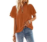 TUUHAW Blusas Mujer Verano Camiseta Manga Corta Mujer Pétalos Cuello en V Blusa Boho Top Suelto Casual Elegante Túnica Encaje Tops Color Sólido Holgadas Ligera Patrón de Moda Ropa Naranja L
