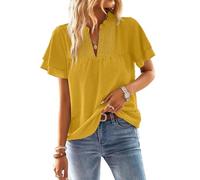 TUUHAW Blusas Mujer Verano Camiseta Manga Corta Mujer Pétalos Cuello en V Blusa Boho Top Suelto Casual Elegante Túnica Encaje Tops Color Sólido Holgadas Ligera Patrón de Moda Ropa Amarillo XL