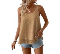 TUUHAW Blusas Mujer Verano Camiseta Tirantes sin Mangas Pétalos Cuello Redondo Boho Floral Suelto Casual Elegante Túnica Encaje Tank Tops Color Sólido Holgadas Ligera Patrón de Chaleco Marrón Claro L