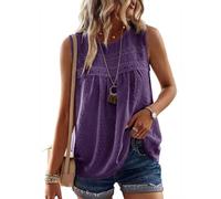 TUUHAW Blusas Mujer Verano Camisetas sin Mangas Mujer Pétalos Cuello Redondo Encaje Tank Tops Boho Suelto Casual Elegante Túnica Color Sólido Holgadas Ligera Patrón de Moda Chaleco Morado Oscuro M