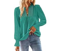TUUHAW Camisa Mujer Manga Larga Boho Blusa Otoño Elegante con Cuello en V 2025 Moda Bordado Encaje Casual Top Punto Suizo Ropa Color Sólido Suelto Basic Túnica con Mangas de Volantes Turquesa L