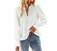 TUUHAW Camisa Mujer Manga Larga Boho Blusa Otoño Elegante con Cuello en V 2025 Moda Bordado Encaje Casual Top Punto Suizo Ropa Color Sólido Suelto Basic Túnica con Mangas de Volantes Blanco L