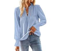 TUUHAW Camisa Mujer Manga Larga Boho Blusa Otoño Elegante con Cuello en V 2025 Moda Bordado Encaje Casual Top Punto Suizo Ropa Color Sólido Suelto Basic Túnica con Mangas de Volantes Azul XS