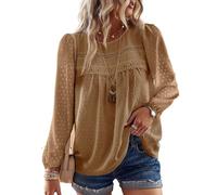 TUUHAW Camisa Mujer Manga Larga Boho Blusa Talla Grande con Cuello Redondo Otoño Elegante Moda 2025 Top Informal Punto Suizo Casual Túnica Color Sólido Mocha 5XL