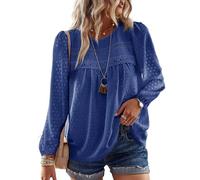 TUUHAW Camisa Mujer Manga Larga Boho Elegante Blusa Otoño con Cuello Redondo Moda 2025 Encaje Top Casual Punto Suizo Invierno Ropa Color Sólido Túnica Suelto Basic Informal Azul Zafiro L