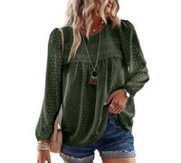 TUUHAW Camisa Mujer Manga Larga Boho Elegante Blusa Otoño con Cuello Redondo Moda 2025 Encaje Top Casual Punto Suizo Invierno Ropa Color Sólido Túnica Suelto Basic Informal Verde L