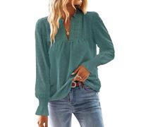 TUUHAW Camisa Mujer Manga Larga Boho Talla Grande Blusa Otoño Elegante con Cuello en V 2025 Moda Bordado Encaje Top Informal Punto Suizo Casual Ropa Color Sólido Túnica Cian 3XL