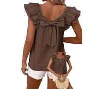 TUUHAW Camiseta Manga Corta Mujer Top con Cuello Redondo Verano Mangas De Volantes Casual Top con Lazo Blusa Elegante Túnica Holgadas Marrón XL