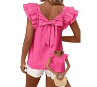 TUUHAW Camiseta Manga Corta Mujer Top con Cuello Redondo Verano Mangas De Volantes Casual Top con Lazo Blusa Elegante Túnica Holgadas Rosa Fucsia S