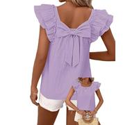 TUUHAW Camiseta Manga Corta Mujer Top con Cuello Redondo Verano Mangas De Volantes Casual Top con Lazo Blusa Elegante Túnica Holgadas Lila Claro XL