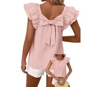 TUUHAW Camiseta Manga Corta Mujer Top con Cuello Redondo Verano Mangas De Volantes Casual Top con Lazo Blusa Elegante Túnica Holgadas Rosa S