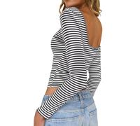 TUUHAW Camiseta Manga Larga Mujer Cuello Barco Básica Top de Espalda Descubierta Ajustada Ropa Interior Elástica Camisa Rayas Casual Ligera Tee Shirts Sexy Túnica Elegante Moda Camisas Gris y Blanco S