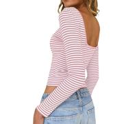 TUUHAW Camiseta Manga Larga Mujer Cuello Barco Básica Y2K Crop Top Espalda Descubierta Ajustada Ropa Interior Elástica Camisa Rayas Casual Ligera tee Shirts Túnica Regulares Camisas Rosa y Blanco XL