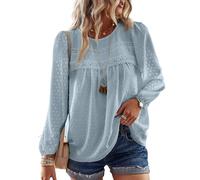 TUUHAW Camiseta Manga Larga Mujer Otoño Blusa Talla Grande con Cuello Redondo Moda 2025 Top Color Sólido Bordado Encaje Punto Suizo Ropa Bohemia Túnica Informal Gris Verde 2XL