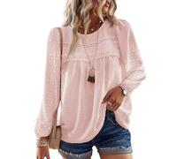 TUUHAW Camiseta Manga Larga Mujer Otoño Blusa Talla Grande con Cuello Redondo Moda 2025 Top Color Sólido Bordado Encaje Punto Suizo Ropa Bohemia Túnica Informal Rosa Claro 2XL