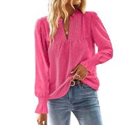 TUUHAW Camiseta Manga Larga Mujer Otoño Talla Grande Boho Blusa Elegante con Cuello en V 2025 Moda Bordado Encaje Punto Suizo Top Color Sólido Ropa Túnica Fucsia 2XL