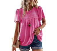 TUUHAW Camiseta Mujer con Cuello Redondo Talla Grande Camisa Suelto Basic Casual Elegante Túnica Encaje Manga Corta Tops Color Sólido Fucsia XL