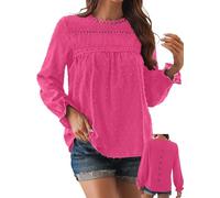 TUUHAW Camiseta Mujer con Cuello Redondo Top Mujer Otoño Elegantes Manga Larga Volantes Boho Blusa Encaje Túnica Suelto Basica Plisada Camisa Pullover Simples Informal Clásico Cómodo Ropa Fucsia L