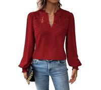 TUUHAW Camiseta Mujer Cuello en V Top Mujer Otoño Elegantes Manga Larga Volantes Boho Blusa Encaje Túnica Suelto Basica Plisada Camisa Pullover Simples Clásico Informal Cómodo Ropa Rojo L