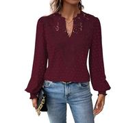 TUUHAW Camiseta Mujer Cuello en V Top Mujer Otoño Elegantes Manga Larga Volantes Boho Blusa Encaje Túnica Suelto Basica Plisada Camisa Pullover Simples Clásico Informal Cómodo Ropa Granate M