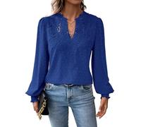TUUHAW Camiseta Mujer Cuello en V Top Mujer Otoño Elegantes Manga Larga Volantes Boho Blusa Encaje Túnica Suelto Basica Plisada Camisa Pullover Simples Clásico Informal Cómodo Ropa Azul Real M
