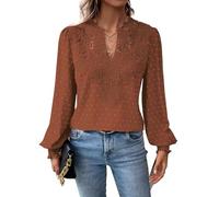 TUUHAW Camiseta Mujer Cuello en V Top Mujer Otoño Elegantes Manga Larga Volantes Boho Blusa Encaje Túnica Suelto Basica Plisada Camisa Pullover Simples Clásico Informal Cómodo Ropa Naranja L
