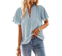 TUUHAW Camiseta Mujer Cuello en V Top Mujer Verano Elegantes Manga Corta Volantes Boho Blusa Encaje Túnica Suelto Basica Plisada Camisa Pullover Simples Informal Clásico Cómodo Ropa Gris Verde XL